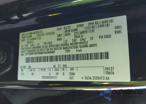 2022 Ford F-150 Xlt из США, поврежденный, VIN 1FTEW1EP8NFA56840